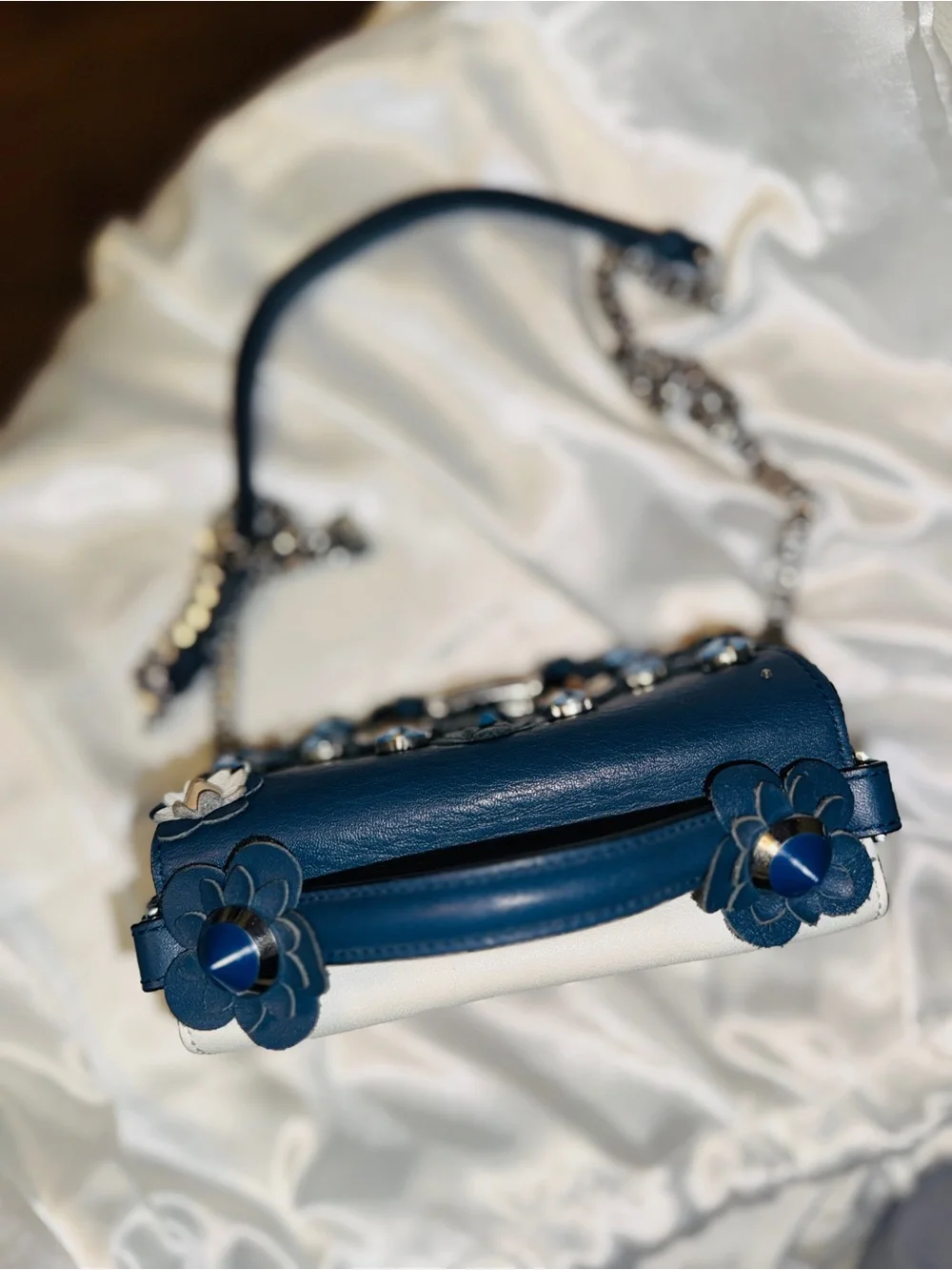 Blue Floral Embellished Leather Crossbody Bag - Unbranded